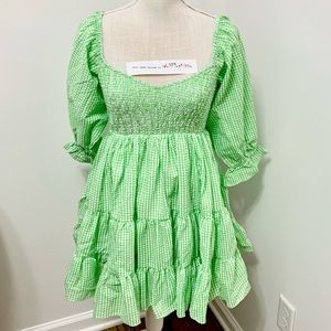 Dolls Kill Mable Smocked Gingham Tiered Mini Dress - S - 6 - NEW